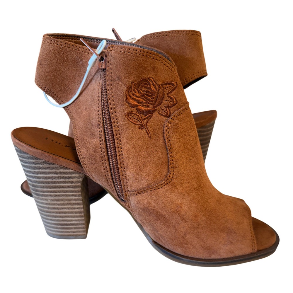 Lucky Brand Llstana Womens Brown Suede Rose Embroidered Peep Toe Booties Sz 9.5M - Picture 6 of 11